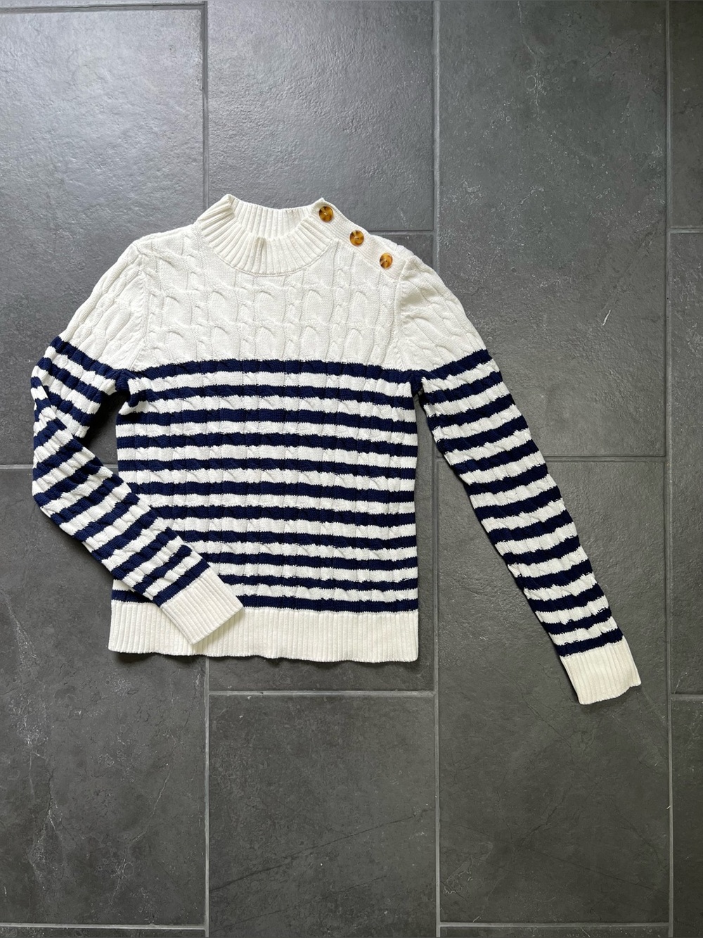 Lands' End White and Navy Striped Cable-Knit Button-Shoulder Sweater 100% Cotton
